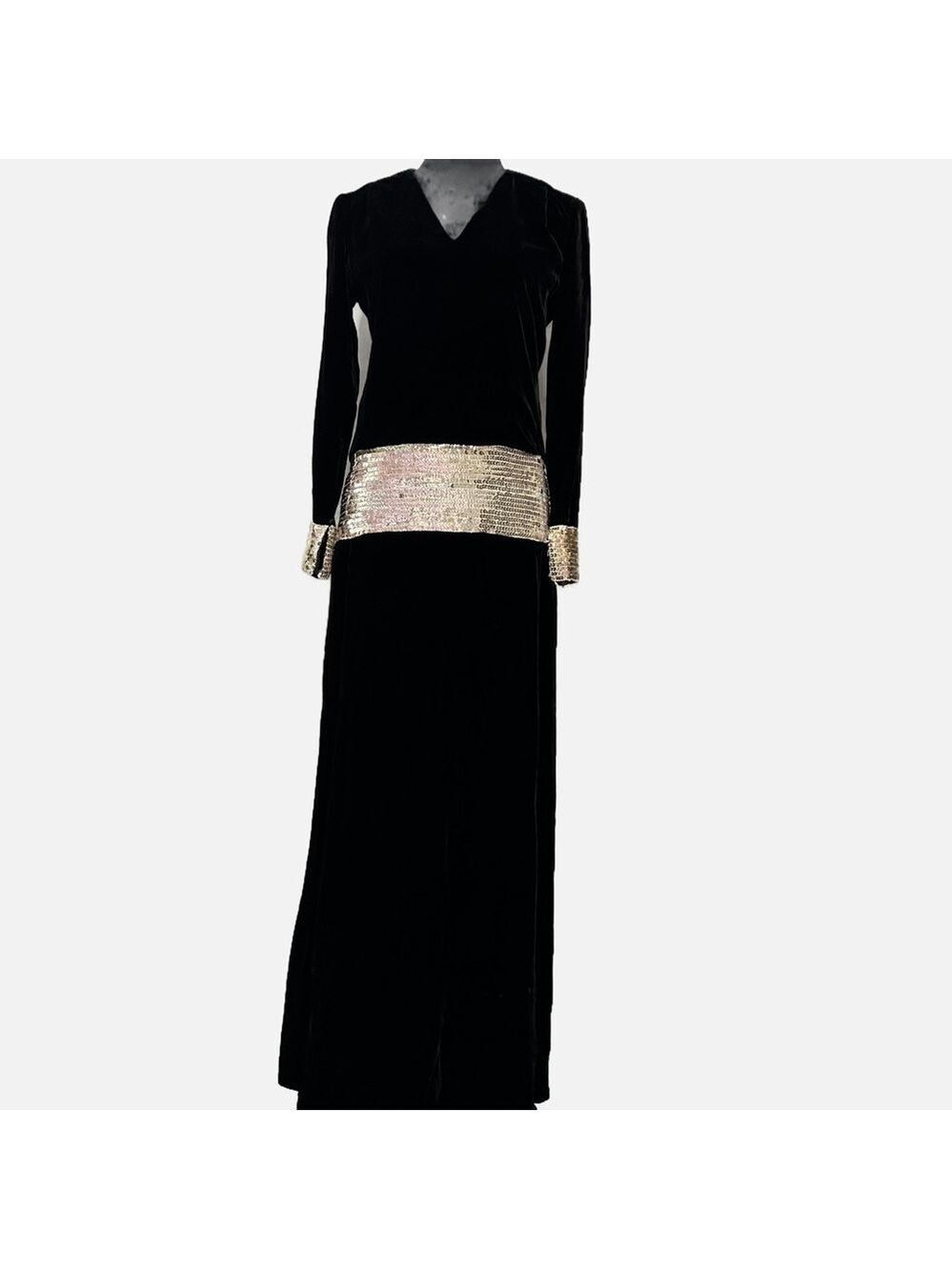Vintage 60s Maxi Dress Velvet Black Mr Mort by Stan Herman With Sequins Sz 9